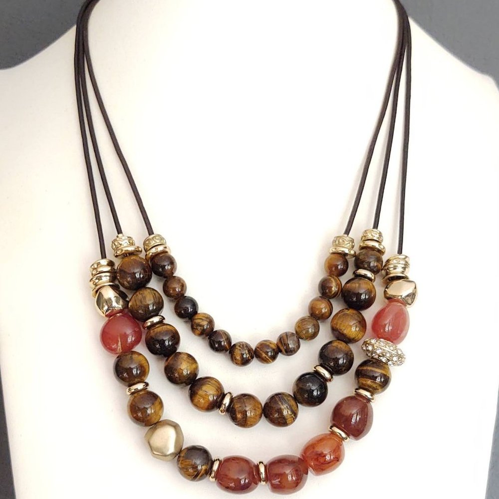Tiger's eye, glass and gold multi strand necklace